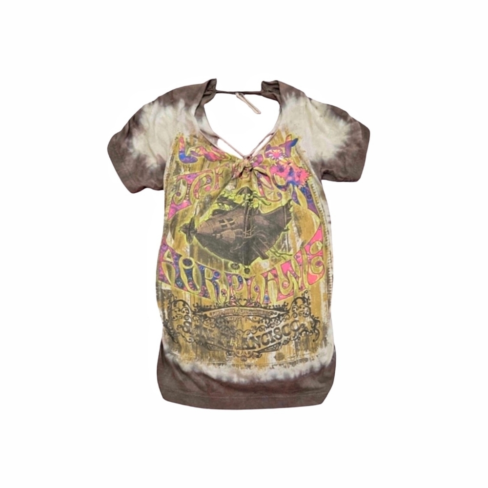 Jefferson Starship Retro Vintage Brown Tan Tie Dye Custom Cut Out Band Tee Sz S